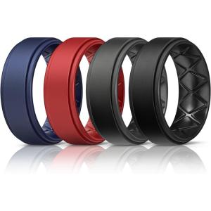 Egnaro Silicone Rings for Men 1/4/5/6/7 Multipack of Breathable Mens Silicone Rubber Wedding Rings Bands – Step Edge(SETK-Black Dark Blue Red Black Gray)