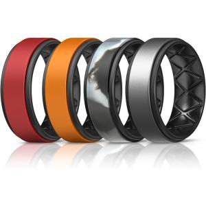 Egnaro Silicone Rings for Men 1/4/5/6/7 Multipack of Breathable Mens Silicone Rubber Wedding Rings Bands – Step Edge(SETL-Red Black Orange Black Grey Camo Black Deep Silver Black)