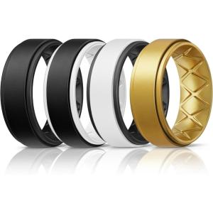 Egnaro Silicone Rings for Men 1/4/5/6/7 Multipack of Breathable Mens Silicone Rubber Wedding Rings Bands – Step Edge(SETM-Black Black Black White White Black Gold Gold)