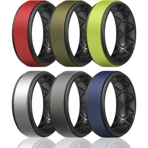 Egnaro Silicone Rings for Men 1/4/5/6/7 Multipack of Breathable Mens Silicone Rubber Wedding Rings Bands – Step Edge(SETO-Red Black Olive Green Black Yellow Green Black Metallic Silver Black Black Gray Black  Deep Blue Black)