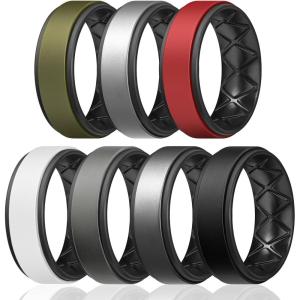 Egnaro Silicone Rings for Men 1/4/5/6/7 Multipack of Breathable Mens Silicone Rubber Wedding Rings Bands – Step Edge(SETQ-Olive Green Black Silver Black Red Black White Black Black Gray Black Dark Silver Black Black Black)