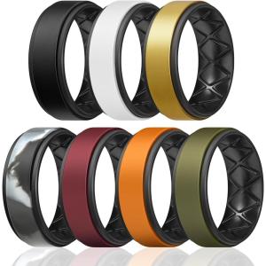 Egnaro Silicone Rings for Men 1/4/5/6/7 Multipack of Breathable Mens Silicone Rubber Wedding Rings Bands – Step Edge(SETR-Black Black White Black Gold Black Grey Camo Black Maroon Black Orange Black Olive Green Black)