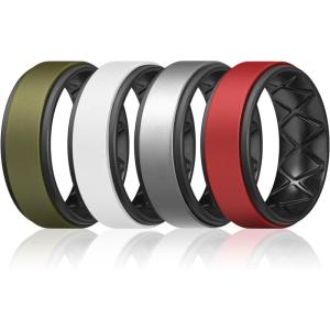 Egnaro Silicone Rings for Men 1/4/5/6/7 Multipack of Breathable Mens Silicone Rubber Wedding Rings Bands – Step Edge(SETS-Olive Green Black White Black Silver Black Red Black)