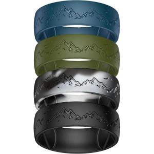 Egnaro Silicone Wedding Rings For Him, Men’s Engraving Rubber Engagement Bands 8.5mm Wide 2.5mm Thick Multipack For Workout Travel Gym(SETC-Mistwing Summit-Olive Green  Twilight Blue  Black Gray Camo  Black)