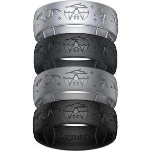 Egnaro Silicone Wedding Rings For Him, Men’s Engraving Rubber Engagement Bands 8.5mm Wide 2.5mm Thick Multipack For Workout Travel Gym(SETD-NightBats-Silver  Black Gray  Dark Silver  Black)