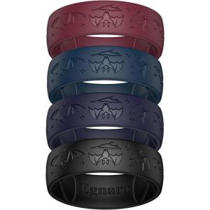 Egnaro Silicone Wedding Rings For Him, Men’s Engraving Rubber Engagement Bands 8.5mm Wide 2.5mm Thick Multipack For Workout Travel Gym(SETE-NightBats-Maroon  Dark Blue  Black Purple  Black)