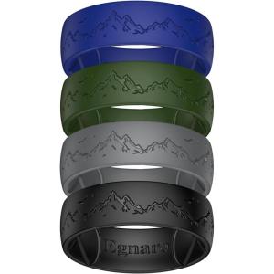 Egnaro Silicone Wedding Rings For Him, Men’s Engraving Rubber Engagement Bands 8.5mm Wide 2.5mm Thick Multipack For Workout Travel Gym(SETF-Mistwing Summit-Dark Foliage Green  Blue Purple  Dark Gray  Black)