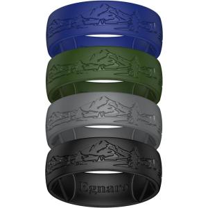 Egnaro Silicone Wedding Rings For Him, Men’s Engraving Rubber Engagement Bands 8.5mm Wide 2.5mm Thick Multipack For Workout Travel Gym(SETG-Hushed Peaks-Dark Foliage Green  Blue Purple  Dark Gray  Black)