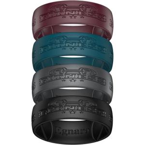 Egnaro Silicone Wedding Rings For Him, Men’s Engraving Rubber Engagement Bands 8.5mm Wide 2.5mm Thick Multipack For Workout Travel Gym(SETI-Fitness-Burgundy  Deep Blue  Black Gray  Black)