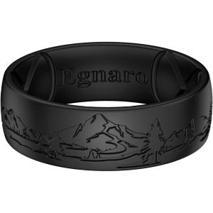 Egnaro Silicone Wedding Rings For Him, Men’s Engraving Rubber Engagement Bands 8.5mm Wide 2.5mm Thick Multipack For Workout Travel Gym(SETK-Hushed Peaks-Black)