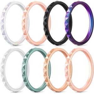 Egnaro Silicone Wedding bands women:2.5mm Wide – 2mm Thick Gold and Silver Rubber Rings with Half Size,4-8 Variety Multipack(SETC-Black White Peach Rose Gold Pink Rose Gold Metallic Green Metallic Pearl White Galaxy)