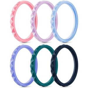 Egnaro Silicone Wedding bands women:2.5mm Wide – 2mm Thick Gold and Silver Rubber Rings with Half Size,4-8 Variety Multipack(SETJ-Peach Pink Lilac Purple Sky Blue Light Purple-blue Emerald Green Indigo Blue)