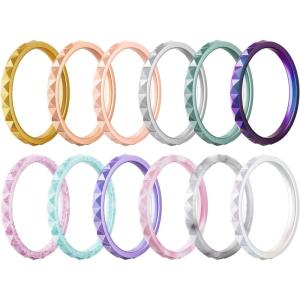 Egnaro Silicone Wedding bands women:2.5mm Wide – 2mm Thick Gold and Silver Rubber Rings with Half Size,4-8 Variety Multipack(SETL-Gold Peach Pink Rose Gold Silver Metallic Green Galaxy Pink Sparkle Green Transparent Glitter Metallic Starry Purple Pink Camo Marble Metallic Pearl White)