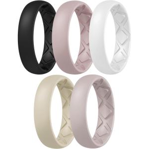 Egnaro Women’s Band Rings, Silicone Inner Arc Ergonomic Breathable Design with half sizes, Rubber Wedding Bands，5.5mm Wide-2mm Thick(A1-Royal Black  Bright Peach  Princess White  Cream Beige  Cloudy Pink)