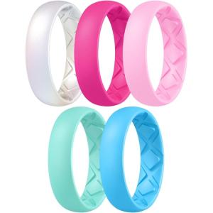 Egnaro Women’s Band Rings, Silicone Inner Arc Ergonomic Breathable Design with half sizes, Rubber Wedding Bands，5.5mm Wide-2mm Thick(B32-Metallic Pearl White  Fairy Pink  Petal Pink  Mint Green  Chill Blue)
