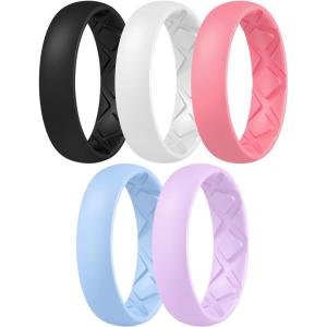 Egnaro Women’s Band Rings, Silicone Inner Arc Ergonomic Breathable Design with half sizes, Rubber Wedding Bands，5.5mm Wide-2mm Thick(B33-Faint Red  Lilac Purple  Sky Blue  Black  White)