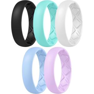 Egnaro Women’s Band Rings, Silicone Inner Arc Ergonomic Breathable Design with half sizes, Rubber Wedding Bands，5.5mm Wide-2mm Thick(B34-Lilac Purple  Sky Blue  Teal Mist  Black  White)