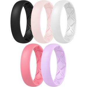 Egnaro Women’s Band Rings, Silicone Inner Arc Ergonomic Breathable Design with half sizes, Rubber Wedding Bands，5.5mm Wide-2mm Thick(B35-Soft Pink  Faint Red  Lilac Purple  Black  White)