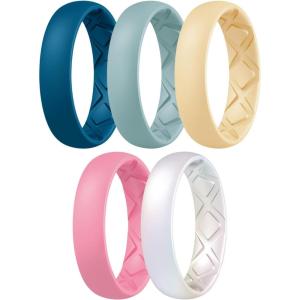 Egnaro Women’s Band Rings, Silicone Inner Arc Ergonomic Breathable Design with half sizes, Rubber Wedding Bands，5.5mm Wide-2mm Thick(C2-Blue Jewel  Light Green  Sunlight Yellow  Faint Red  Pearl White)