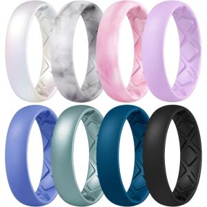 Egnaro Women’s Band Rings, Silicone Inner Arc Ergonomic Breathable Design with half sizes, Rubber Wedding Bands，5.5mm Wide-2mm Thick(C6-Pearl White  Marble  Pink Camo  Lilac Purple  light purple-blue  Metallic Green  Blue Iris  Black)