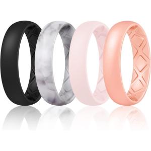 Egnaro Women’s Band Rings, Silicone Inner Arc Ergonomic Breathable Design with half sizes, Rubber Wedding Bands，5.5mm Wide-2mm Thick(SETA-Black  Marble  Whitepink  Rose Gold)