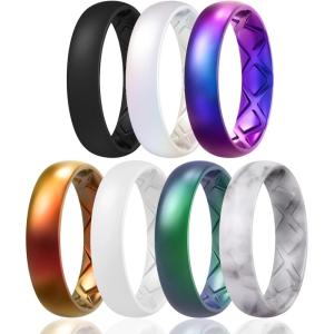 Egnaro Women’s Band Rings, Silicone Inner Arc Ergonomic Breathable Design with half sizes, Rubber Wedding Bands，5.5mm Wide-2mm Thick(SETB2-White  Galaxy  Bright Green  Black  Marble  Bright Pearl  Bright Bronze)