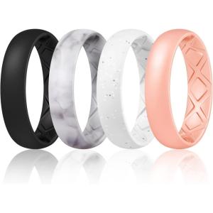 Egnaro Women’s Band Rings, Silicone Inner Arc Ergonomic Breathable Design with half sizes, Rubber Wedding Bands，5.5mm Wide-2mm Thick(SETB-Black  Marble  White Silver Glitter  Rose Gold)