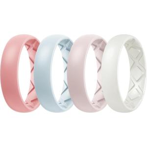 Egnaro Women’s Band Rings, Silicone Inner Arc Ergonomic Breathable Design with half sizes, Rubber Wedding Bands，5.5mm Wide-2mm Thick(SETC2-Faint Red  Light Blue  Whitepink  Ivory)