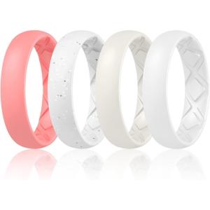 Egnaro Women’s Band Rings, Silicone Inner Arc Ergonomic Breathable Design with half sizes, Rubber Wedding Bands，5.5mm Wide-2mm Thick(SETD-Faint Red  White Silver Glitter  Ivory  White)