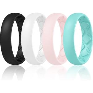 Egnaro Women’s Band Rings, Silicone Inner Arc Ergonomic Breathable Design with half sizes, Rubber Wedding Bands，5.5mm Wide-2mm Thick(SETE-Black  White  Whitepink  Mint Green)