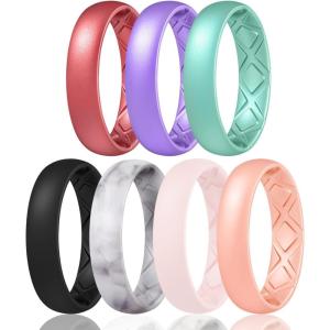 Egnaro Women’s Band Rings, Silicone Inner Arc Ergonomic Breathable Design with half sizes, Rubber Wedding Bands，5.5mm Wide-2mm Thick(SETG-Metallic Wine Red  Metallic Star Sky Purple  Metallic Pearl  Black  Marble  Whitepink  Rose Gold)