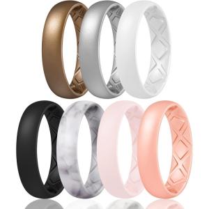Egnaro Women’s Band Rings, Silicone Inner Arc Ergonomic Breathable Design with half sizes, Rubber Wedding Bands，5.5mm Wide-2mm Thick(SETP-Black Marble Whitepink Rose Gold Bronze Metallic Silver White)