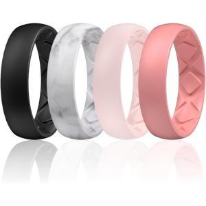 Egnaro Women’s Bridal Rings Sets, 6mm Wide, 2mm Thick, Silicone Wedding Rubber Band with Half Size, Inner Arc Ergonomic Breathable Design(SETA-Black  Marble  Whitepink  Faint Red)