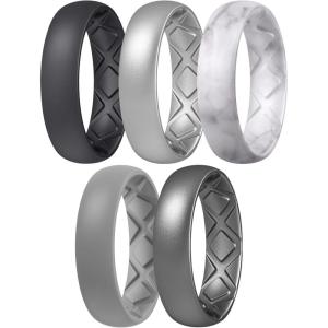 Egnaro Women’s Bridal Rings Sets, 6mm Wide, 2mm Thick, Silicone Wedding Rubber Band with Half Size, Inner Arc Ergonomic Breathable Design(SETB1-Black  Metallic Silver  Marble  Light Gray  Dark silver)