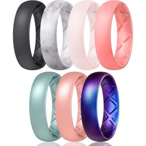 Egnaro Women’s Bridal Rings Sets, 6mm Wide, 2mm Thick, Silicone Wedding Rubber Band with Half Size, Inner Arc Ergonomic Breathable Design(SETB2-Black  Marble  Whitepink  Faint Red  Metallic Blue  Light Rose Gold  Galaxy)