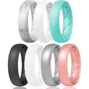 Egnaro Women’s Bridal Rings Sets, 6mm Wide, 2mm Thick, Silicone Wedding Rubber Band with Half Size, Inner Arc Ergonomic Breathable Design(SETB8-Marble  White Silver Glitter  Mint Green  White  Black  Metallic Silver  Light Rose Gold)