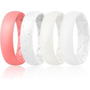 Egnaro Women’s Bridal Rings Sets, 6mm Wide, 2mm Thick, Silicone Wedding Rubber Band with Half Size, Inner Arc Ergonomic Breathable Design(SETB-Faint Red  White Silver Glitter  Ivory  White)