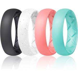 Egnaro Women’s Bridal Rings Sets, 6mm Wide, 2mm Thick, Silicone Wedding Rubber Band with Half Size, Inner Arc Ergonomic Breathable Design(SETC4-Black  White Silver Glitter  Faint Red  Mint Green)