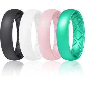 Egnaro Women’s Bridal Rings Sets, 6mm Wide, 2mm Thick, Silicone Wedding Rubber Band with Half Size, Inner Arc Ergonomic Breathable Design(SETC-Black  White  Pink Sand  Metallic Turquoise)