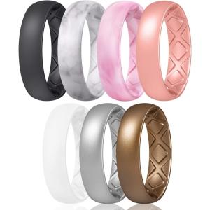Egnaro Women’s Bridal Rings Sets, 6mm Wide, 2mm Thick, Silicone Wedding Rubber Band with Half Size, Inner Arc Ergonomic Breathable Design(SETD1-Black Marble Light Red Camo Rose Gold White Metallic Silver Bronze)