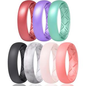 Egnaro Women’s Bridal Rings Sets, 6mm Wide, 2mm Thick, Silicone Wedding Rubber Band with Half Size, Inner Arc Ergonomic Breathable Design(SETF-Metallic Wine Red  Metallic Star Sky Purple  Metallic Pearl  Black  Marble  WhitePink  Faint Red)