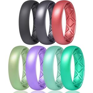 Egnaro Women’s Bridal Rings Sets, 6mm Wide, 2mm Thick, Silicone Wedding Rubber Band with Half Size, Inner Arc Ergonomic Breathable Design(SETG-Black  Metallic Black  Metallic Wine Red  Metallic Green  Metallic Star Sky Purple  Metallic Pearl  Metallic Turquoise)