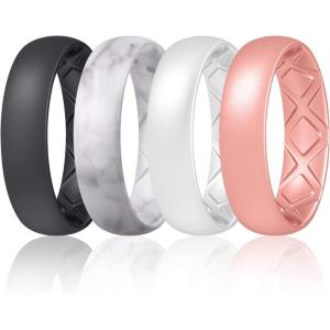 Egnaro Women’s Bridal Rings Sets, 6mm Wide, 2mm Thick, Silicone Wedding Rubber Band with Half Size, Inner Arc Ergonomic Breathable Design(SETO-Black Marble Rose Gold Pearl)