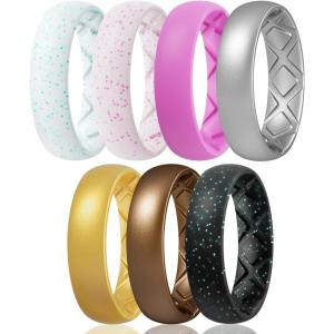 Egnaro Women’s Bridal Rings Sets, 6mm Wide, 2mm Thick, Silicone Wedding Rubber Band with Half Size, Inner Arc Ergonomic Breathable Design(T11-Light Pink Sparkle  Light Green Sparkle  Rose red  Metallic Silver  Metallic Gold  Bronze  Black Sparkle)