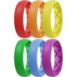 Egnaro Women’s Bridal Rings Sets, 6mm Wide, 2mm Thick, Silicone Wedding Rubber Band with Half Size, Inner Arc Ergonomic Breathable Design(T13-Red  Orange  Yellow  Cyan  Blue  Purple)