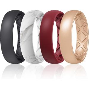 Egnaro Women’s Bridal Rings Sets, 6mm Wide, 2mm Thick, Silicone Wedding Rubber Band with Half Size, Inner Arc Ergonomic Breathable Design(T1-Black  Marble  Maroon  Rose Gold)