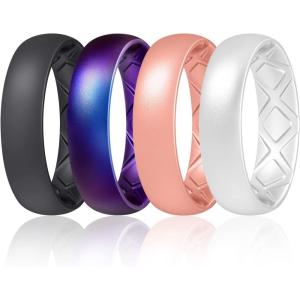 Egnaro Women’s Bridal Rings Sets, 6mm Wide, 2mm Thick, Silicone Wedding Rubber Band with Half Size, Inner Arc Ergonomic Breathable Design(T2-black  Galaxy  Light Rose Gold  Bright Pearl)