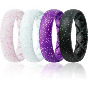 Egnaro Women’s Bridal Rings Sets, 6mm Wide, 2mm Thick, Silicone Wedding Rubber Band with Half Size, Inner Arc Ergonomic Breathable Design(T6-Light Pink Sparkle  Light Green Sparkle  Purple Sparkle  Black Sparkle)
