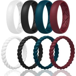 Egnaro Women’s Bridal Rings Sets, Inner Arc Ergonomic Breathable Design Silicone Rubber Wedding Bands(SETA3-White  Black Maroon  Dark Blue)