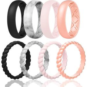 Egnaro Women’s Bridal Rings Sets, Inner Arc Ergonomic Breathable Design Silicone Rubber Wedding Bands(SETA4-Black  Marble  Whitepink  Rose Gold)